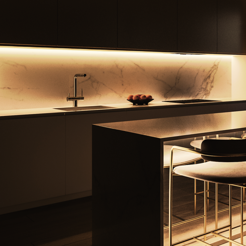Modern kitchen with marble backsplash, under-cabinet lighting, and a black island with bar stools.