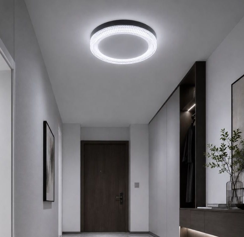 Modern hallway with a circular ceiling light, dark wooden door, and built-in wardrobe along the right wall; a plant in a vase and abstract art on the wall.
