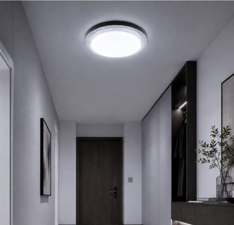 Modern hallway interior with a round ceiling light, wooden door at the end, and a dark wood console with a vase and mountain painting on the right