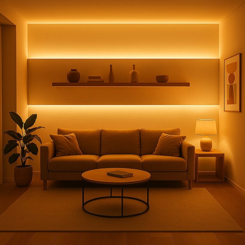 Cozy beige living room bathed in warm amber light, with a sofa, round coffee table, plant on the left, and a lit side lamp on the right.