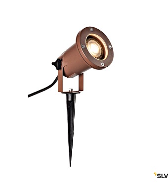 Copper outdoor stake spotlight for garden/path lighting with an adjustable cylindrical head and ground spike (low-voltage stake light).