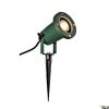 Green outdoor stake light/spotlight with ground spike and cord, angled to illuminate the yard