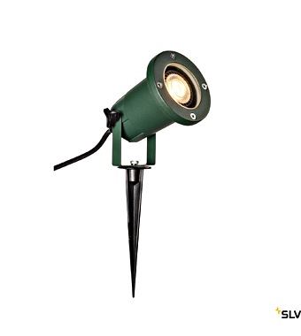 Green outdoor stake light/spotlight with ground spike and cord, angled to illuminate the yard