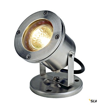 Metal adjustable spotlight on a round base, commonly used for stage or architectural lighting.
