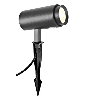 Outdoor ground stake light with an adjustable cylindrical head for garden or walkway illumination, black finish.