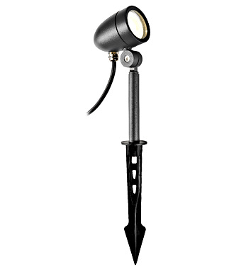 Outdoor spike spotlight for landscape lighting with adjustable head and plug-in power cord.