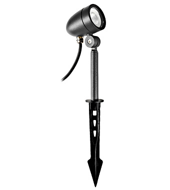 Outdoor ground stake light with an adjustable black metal spotlight on a pointed stake (landscape lighting).