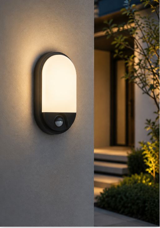 Outdoor wall lantern casts a warm glow on a modern stucco wall near a doorway, with a landscaped path in view.