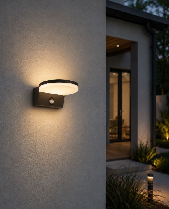 Outdoor wall sconce emitting warm light on a textured exterior wall near a doorway with glass doors visible in the background.