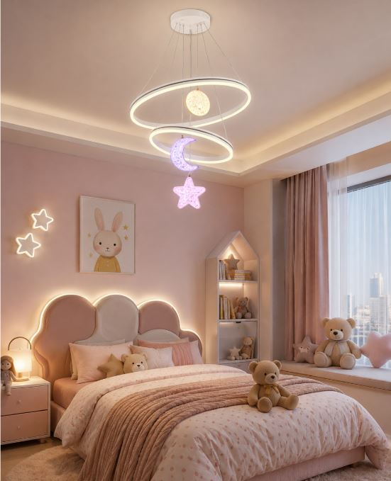 Cozy pastel pink children's bedroom with a cloud-shaped headboard, plush bears, and glowing star and moon lights plus a circular ceiling chandelier.