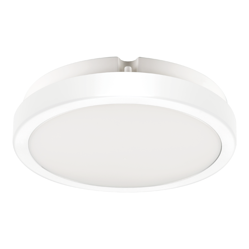 White round flush-mount ceiling LED light fixture with a smooth white diffuser and bezel.