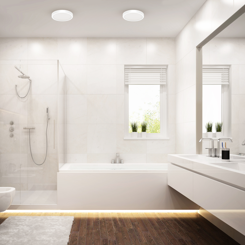 Bright modern bathroom with glass shower, white bathtub, double sink vanity, and window with blinds; wooden floor and small plants on the sill beneath soft ceiling lights.