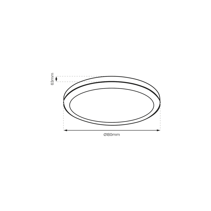 Technical drawing of a circular ring light fixture with 180 mm diameter and 63 mm height, shown in perspective.