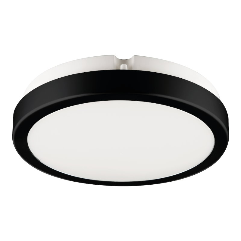 Round flush-mount ceiling light with a white diffuser and black outer rim.