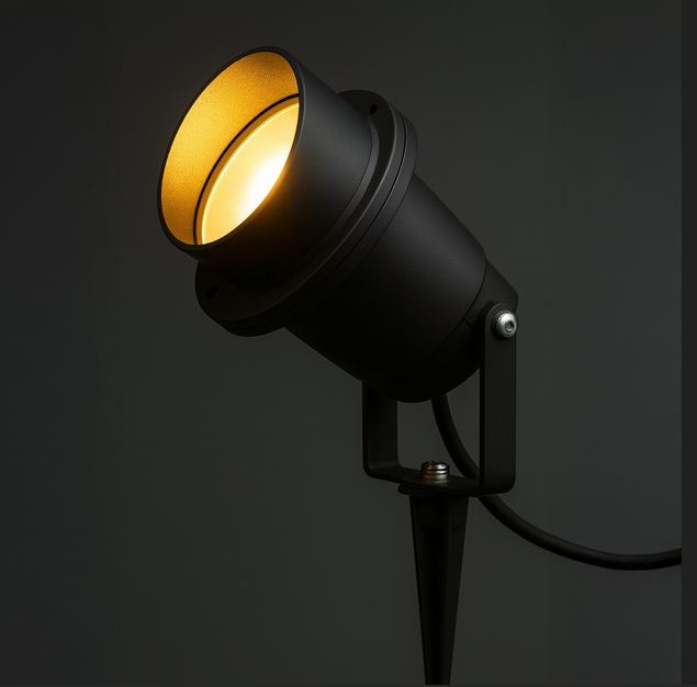 Black adjustable studio spotlight on a stand casting a warm amber beam to the left.