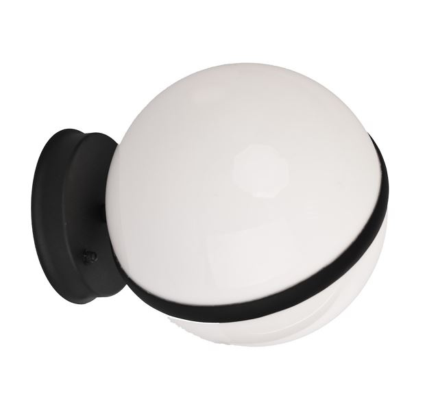 White glass globe wall light with a black mounting base