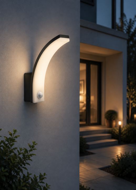 Curved outdoor wall light illuminating the entrance at dusk on a modern home wall