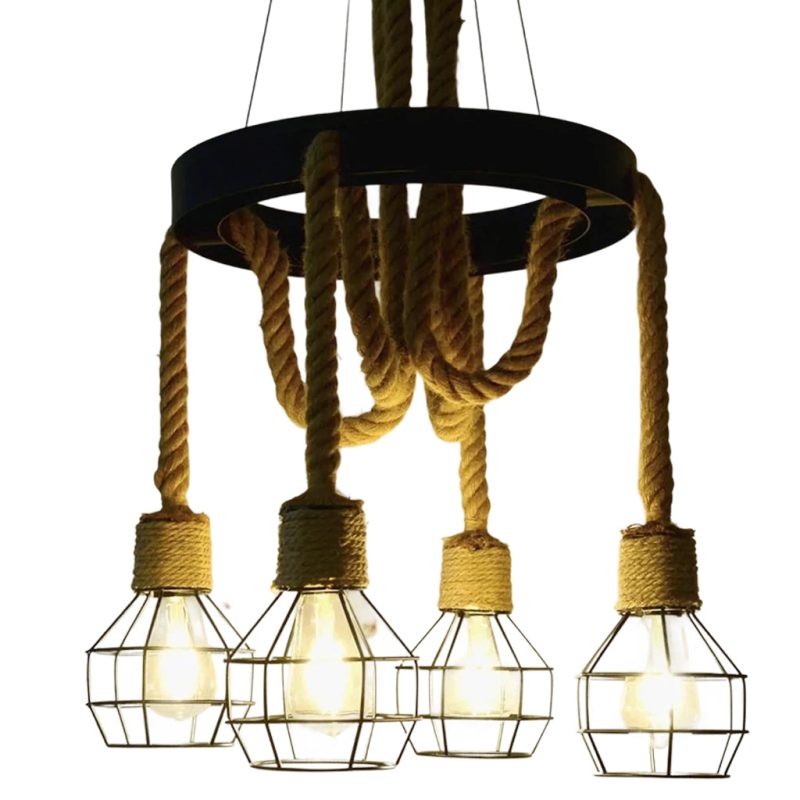 Lustra Roata Rustic Cu 4 Soculuri E27, Metal si Sfoara - imagine 4