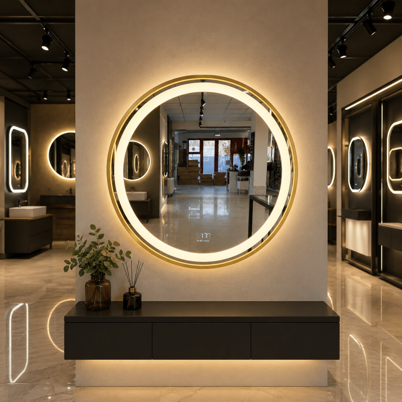 Oglinda LED Lenny 80×80 cm cu Rama Aurie, Senzor Miscare Premium – 3 Tipuri de Lumina, Dimabila, Ceas & Temperatura, Dezaburire - imagine 6