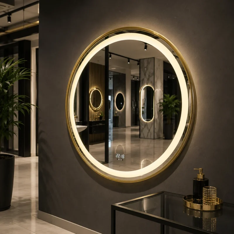 Oglinda LED Lenny 80×80 cm cu Rama Aurie, Senzor Miscare Premium – 3 Tipuri de Lumina, Dimabila, Ceas & Temperatura, Dezaburire - imagine 5