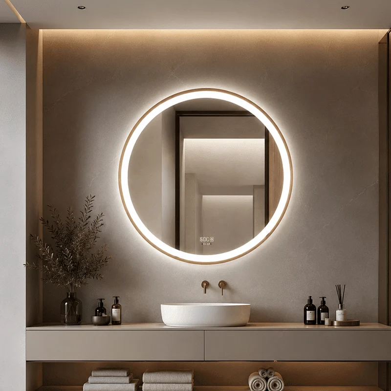 Oglinda LED Lenny 80×80 cm cu Rama Aurie, Senzor Miscare Premium – 3 Tipuri de Lumina, Dimabila, Ceas & Temperatura, Dezaburire