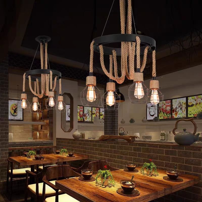 Lustra Roata Rustic Cu 4 Soculuri E27, Metal si Sfoara