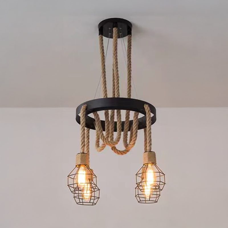 Lustra Roata Rustic Cu 4 Soculuri E27, Metal si Sfoara - imagine 3